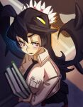  1girl absurdres blush book filia_(skullgirls) highres looking_at_viewer moxydraws necktie open_mouth red_eyes samson_(skullgirls) shirt skirt skullgirls teeth 