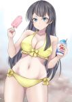  1girl agano_(kancolle) bare_arms bare_legs bare_shoulders bikini black_hair blue_eyes breasts cleavage closed_mouth collarbone cowboy_shot food highres holding holding_food kantai_collection koru_pera large_breasts long_hair navel popsicle shaved_ice smile solo swimsuit yellow_bikini 