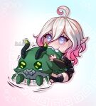  1girl :3 ahoge briar_(league_of_legends) chibi colored_sclera creature crying dagikatt grey_eyes grey_hair highres league_of_legends long_sleeves pink_hair pink_sclera pointy_ears rift_scuttler saliva scared sitting smile toeless_footwear trembling 