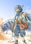  1boy arabian_clothes backpack bag blue_footwear blue_sky blue_white_577 canyon child commentary_request covered_mouth desert feathers full_moon headband highres male_focus moon original outdoors sand sky solo turban wolf 