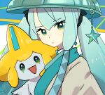  1girl :d aqua_headwear blue_eyes blue_hair closed_mouth green_eyes hair_between_eyes hat hat_ornament hatsune_miku highres japanese_clothes jirachi kimono light_blue_hair long_hair multicolored_eyes no_sclera pokemon pokemon_(creature) project_voltage sandogasa smile solo star_(symbol) star_hat_ornament steel_miku_(project_voltage) tamana twintails twitter_username vocaloid white_kimono 