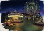  amusement_park bench building carousel ferris_wheel halloween highres jack-o&#039;-lantern light night night_sky no_humans original painting_(medium) scenery shadow sky sunrise_arte tombstone traditional_media tree wagon wooden_bench 