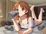  1girl alcohol ass bare_shoulders beer beer_can black_bra black_panties bra bra_strap breasts brown_eyes brown_hair can cleavage collarbone feet feet_up hair_over_shoulder highres indoors kamille_(vcx68) katagiri_sanae lying medium_breasts off-shoulder_shirt off_shoulder on_stomach open_mouth panties shirt solo twintails underwear 