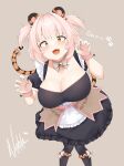  1girl absurdres animal_ears black_dress bow bowtie breasts cleavage commentary dated dress english_commentary fang grey_background grey_bow grey_bowtie highres indie_virtual_youtuber large_breasts looking_at_viewer natch_imaycz open_mouth orange_eyes pink_hair short_hair signature simple_background smile solo tail tiger_ears tiger_tail tori_thaiga two_side_up virtual_youtuber 