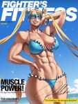  1girl abs biceps blonde_hair blue_eyes breasts cleavage cover domino_mask english_text hair_pulled_back highres large_breasts lips long_hair looking_at_viewer magazine_cover makeup mask mootium muscular muscular_female navel rainbow_mika smile solo street_fighter thick_thighs thighs twintails twitter_username wrestling_mask 