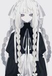  1girl absurdres black_shirt blunt_bangs bow braid grey_background hair_bow hair_ribbon highres long_hair looking_at_viewer neck_ribbon original ribbon shirt simple_background skirt solo upper_body very_long_hair white_bow white_hair white_ribbon white_skirt xx_asui 