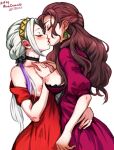  2girls black_choker braid breasts brown_hair choker closed_eyes closed_mouth dorothea_arnault dress edelgard_von_hresvelg fire_emblem fire_emblem:_three_houses fire_emblem_warriors:_three_hopes hand_on_own_chest kiss long_hair low_ponytail medium_breasts mina_cream multiple_girls nipples official_alternate_costume official_alternate_hairstyle red_dress white_background white_hair yuri 