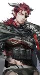  1boy anjingkuxiao arknights bara black_shirt cape chest_harness demon_boy demon_horns eyepatch gauntlets goatee_stubble harness hoederer_(arknights) horns looking_at_viewer male_focus multiple_scars one_eye_covered pointy_ears ponytail red_hair scar scar_across_eye scar_on_face shirt torn_clothes white_background 
