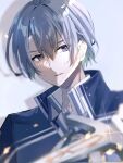  1boy double-parted_bangs eiyuu_densetsu hair_between_eyes holding holding_weapon kurt_vander natsusechoco portrait purple_eyes sen_no_kiseki sen_no_kiseki_iii shadow simple_background solo sword thors_military_academy_branch_campus_uniform upper_body weapon white_background white_hair 