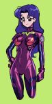 1girl absurdres alternate_costume breasts brown_eyes closed_mouth cosplay cropped_legs earrings english_commentary green_background hair_intakes hand_on_hip highres jewelry kaatokun katsuragi_misato katsuragi_misato_(cosplay) long_hair looking_at_viewer medium_breasts neon_genesis_evangelion plugsuit purple_hair smile solo 