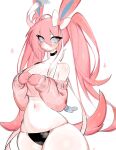  accessory anthro blue_eyes bow_ribbon breasts choker cleavage clothed clothing crop_top eeveelution female fur generation_6_pokemon hair hair_accessory hair_bow hair_ribbon jewelry long_hair midriff necklace nintendo oversized_sleeves pigtails pink_hair pokemon pokemon_(species) ribbons shirt simple_background solo standing sylveon thick_thighs thong topwear underwear usa37107692 white_body white_fur wide_hips 