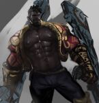  1boy abs bara beard black_hair brown_eyes cropped_jacket dark-skinned_male dark_skin dopey_(dopq) dreadlocks dual_wielding earrings facial_hair feet_out_of_frame highres holding jacket jewelry k&#039;sante_(league_of_legends) large_pectorals league_of_legends looking_to_the_side male_focus mature_male muscular muscular_male navel navel_hair nipples open_clothes open_jacket pectorals short_hair smirk solo standing stomach strongman_waist sweat thick_eyebrows unfinished very_sweaty 