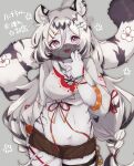  1girl animal_hands breasts furry furry_female hair_ornament hannah_(mahjong_soul) highres jewelry large_breasts mahjong_soul midriff mokumokuuma mouth_veil navel necklace open_fly shirt short_shorts shorts simple_background tied_shirt tiger_girl unbuttoned veil white_hair 