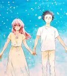  1boy 1girl absurdres black_eyes black_hair blue_sky brown_hair closed_mouth dress hetero highres holding_hands ishida_shouya koe_no_katachi long_hair looking_at_viewer nishimiya_shouko official_art ooima_yoshitoki outdoors painting_(medium) pants parted_lips petals pink_hair scan shirt short_hair short_sleeves sky spiked_hair third-party_source traditional_media watercolor_(medium) white_shirt yellow_dress yellow_pants 