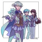 3girls :d aiguillette alternate_hairstyle blue_eyes blue_flower blue_hair blue_necktie blue_rose brown_hair cape collared_shirt cropped_legs crossdressing dorothy_west feathers flower gloves green_eyes grey_hair grey_vest hand_up jacket kurosu_aroma long_hair long_sleeves looking_at_another looking_at_viewer low_ponytail multiple_girls necktie open_mouth pants pretty_(series) pripara reverse_trap rituyama1 rose shikyouin_hibiki shirt short_hair signature smile standing suit vest white_background white_cape white_gloves white_jacket white_pants white_shirt yellow_vest 