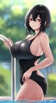  1girl black_hair black_one-piece_swimsuit blurry blurry_background breasts commission competition_swimsuit cowboy_shot highres large_breasts masaki_nanaya one-piece_swimsuit original partially_underwater_shot pool_ladder red_eyes short_hair skeb_commission solo swimsuit tree water wet wet_clothes wet_swimsuit 