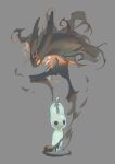  black_cape cape fire full_body glowing grey_background helmet highres hollow_eyes hollow_knight hollow_knight_(character) horns knight_(hollow_knight) no_humans red_eyes standing white_cape yunsan_wu_xiao 
