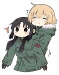  2girls ahoge black_eyes black_hair blonde_hair blush chito_(shoujo_shuumatsu_ryokou) closed_eyes coat fur_trim green_coat highres hug hug_from_behind military military_uniform multiple_girls shoujo_shuumatsu_ryokou sound_effects sweatdrop uniform upper_body v-shaped_eyebrows white_background yoyohachi yuuri_(shoujo_shuumatsu_ryokou) 