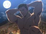  1boy abs armpits bara completely_nude cropped earrings frown full_moon green_hair hands_on_own_head highres house jewelry large_pectorals long_sideburns looking_down male_focus mature_male moon muscular muscular_male night night_sky nipples nude one_piece oro9 out-of-frame_censoring pectorals roronoa_zoro scar scar_across_eye scar_on_chest short_hair sideburns single_earring sky solo spread_legs stomach sweat 
