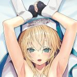  1boy aqua_eyes armpits black_gloves blonde_hair blush bridget_(guilty_gear) cuffs dakimakura_(medium) fingerless_gloves gloves guilty_gear guilty_gear_xx habit looking_at_viewer male_focus medium_hair nun open_mouth otoko_no_ko smile taishi_(picchiridou) 