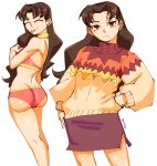  1girl 3amsoda artist_name ass azumanga_daioh back bikini brown_eyes brown_hair choker commentary highres long_hair looking_at_viewer simple_background skirt solo standing sweater swimsuit tanizaki_yukari tongue tongue_out turtleneck turtleneck_sweater white_background yellow_choker 