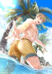  2boys abs absurdres ass back bara beach blonde_hair blue_sky cloud day granblue_fantasy highres hinoakimitsu large_pectorals looking_at_viewer male_focus male_swimwear multiple_boys muscular muscular_male nipples official_alternate_costume open_mouth outdoors palm_tree partially_submerged pectorals percival_(granblue_fantasy) percival_(summer)_(granblue_fantasy) short_hair sky smile solo_focus splashing summer thick_thighs thighs topless_male tree twitter_username vane_(granblue_fantasy) vane_(summer)_(granblue_fantasy) water yellow_male_swimwear 