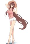  1girl alternate_costume bare_legs blush breasts brown_hair cleavage crossed_legs full_body hair_between_eyes hands_on_headwear hat high_heels highres kantai_collection kasumi_(skchkko) large_breasts long_hair looking_at_viewer parted_lips pink_tank_top ponytail red_eyes short_shorts shorts simple_background solo standing tank_top very_long_hair watson_cross white_background white_footwear yamato_(kancolle) 