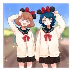 2girls :d alternate_costume arm_up black_sailor_collar black_skirt blue_hair blue_sky blurry blurry_background blush border bow bowtie brown_hair cardigan cowboy_shot green_eyes gundam gundam_suisei_no_majo hair_bow long_sleeves looking_at_viewer mickey_mouse_ears multiple_girls norea_du_noc open_mouth pleated_skirt red_bow red_bowtie sailor_collar short_hair skirt sky smile sophie_pulone sparkle standing zola_(5ru5nzola) 