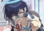  1boy 1girl after_fellatio bar_censor blue_archive blue_hair blue_necktie censored chihiro_(blue_archive) cum cum_in_mouth cum_on_penis cum_on_tongue dated glasses halo handjob hetero highres long_sleeves looking_at_viewer mazarimon necktie open_mouth penis pov semi-rimless_eyewear shirt short_hair solo_focus tearing_up tongue tongue_out white_shirt 