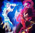  black_hair blue_eyes closed_mouth dragon_ball dragon_ball_heroes dragon_ball_super gloves long_hair male_focus monkey_boy monkey_tail multiple_boys muscular muscular_male ommmyoh open_mouth pants red_fur saiyan spiked_hair super_full_power_saiyan_4_limit_breaker super_saiyan super_saiyan_4 super_saiyan_blue_evolved tail time_patrol_(dragon_ball) twitter_username vegeta vegeta_(xeno) 