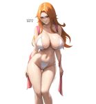  1girl bikini bleach blue_eyes breasts collarbone contrapposto dated english_commentary feet_out_of_frame feikyart highleg highleg_bikini highres huge_breasts jewelry long_hair looking_at_viewer matsumoto_rangiku mole mole_under_mouth navel necklace orange_hair parted_lips pink_shawl shawl smile solo string_bikini swimsuit twitter_username web_address white_background white_bikini 