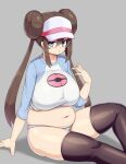  1girl :o arm_support belly black_thighhighs blue_eyes blush breasts brown_hair clothes_lift commentary_request double_bun doughnut_hair_bun feet_out_of_frame grey_background hair_bun hand_up highres large_breasts long_hair long_sleeves looking_at_viewer midriff navel no_pants on_floor panties parted_lips plump pokemon pokemon_(game) pokemon_bw2 rosa_(pokemon) sawati shirt_lift simple_background sitting solo stomach striped striped_panties thighhighs thighs underwear very_long_hair visor_cap 