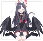  1girl ^_^ animal_ears asymmetrical_bangs black_choker black_gloves black_hair black_socks black_wings blue_archive blunt_bangs blush cat_ears cat_tail choker closed_eyes extra_ears feathered_wings full_body gloves halo highres ichika_(blue_archive) long_hair neckerchief nekoln own_hands_together paw_print pleated_skirt red_armband red_neckerchief simple_background sitting skirt smile socks solo straight_hair tail very_long_hair wariza white_background wings 