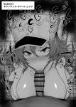  1boy 1girl :&gt;= angry bar_censor bleach blush breasts candice_catnipp censored copyright_name erection fellatio greyscale hat hetero kurotama large_breasts long_hair looking_at_viewer mixed-language_text monochrome nose_blush oral peaked_cap penis pov pov_crotch saliva solo_focus squatting sweat tile_floor tiles 