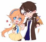  ! 1boy 1girl :d ace_attorney animal animal_on_arm athena_cykes bags_under_eyes bird bird_on_arm black_coat black_gloves black_hair black_necktie blue_eyes blue_hairband blue_necktie blue_pants blue_vest blush bright_pupils coat collared_coat collared_shirt cowboy_shot crescent crescent_earrings cropped_jacket cropped_legs earrings emblem flower gloves grey_eyes grin hairband hands_up hawk high_collar jacket jewelry jinbaori lapels long_hair long_sleeves looking_at_viewer low_ponytail miniskirt multicolored_hair necklace necktie nervous_sweating open_clothes open_coat open_collar open_jacket orange_hair pants partially_fingerless_gloves pleated_skirt shirt short_sleeves side_ponytail sidelocks simon_blackquill simple_background single_earring single_glove skirt sleeve_cuffs smile sweat swept_bangs taka_(ace_attorney) two-tone_hair untucked_shirt user_srvw4325 very_long_hair vest white_background white_hair white_pupils white_shirt yellow_jacket yellow_skirt 