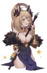  1girl ahoge animal_ears bare_shoulders between_breasts black_dress blonde_hair breasts bridal_gauntlets brown_eyes cleavage covered_navel cowboy_shot dress granblue_fantasy hair_ornament hecate_(granblue_fantasy) highres holding holding_staff large_breasts looking_at_viewer medium_hair open_mouth pelvic_curtain simple_background solo staff teeth upper_teeth_only vambraces white_background wuzhu_nis 