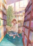  1girl bag black_socks blue_skirt blush book bookshelf brown_bag brown_hair bulletin_board commentary_request from_side highres holding holding_book ichinohe_rumi kimi_no_yokogao_wo_miteita library looking_down medium_hair necktie on_floor open_book plaid plaid_skirt plant potted_plant profile reading red_footwear red_necktie school_bag school_uniform shirt shoes sitting skirt socks solo sunlight sweater takahashi_mari textbook two-tone_footwear unworn_bag uwabaki v-neck white_footwear white_shirt window_shade yellow_sweater 