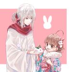  1boy 1girl accelerator_(toaru_majutsu_no_index) age_difference ahoge albino androgynous black_choker blue_kimono border choker closed_mouth colored_eyelashes female_child floral_print fur_scarf hair_ornament haori highres japanese_clothes kimono last_order_(toaru_majutsu_no_index) light_frown long_sleeves looking_at_object low_ponytail medium_hair official_alternate_costume open_mouth pale_skin print_kimono print_obi rabbit_hair_ornament red_background red_eyes red_scarf reimei_(1988) sanpaku scarf sidelocks smile snow_rabbit standing toaru_majutsu_no_index upper_body white_border white_hair white_kimono white_scarf wide_sleeves 