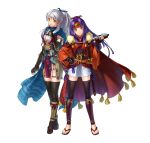  2girls absurdres arm_guards black_gloves black_thighhighs fingerless_gloves fire_emblem fire_emblem:_radiant_dawn fire_emblem_heroes gloves hair_ribbon half-siblings hand_on_own_chest headband highres holding holding_scroll japanese_clothes kita_senri long_hair looking_at_viewer micaiah_(fire_emblem) micaiah_(ninja)_(fire_emblem) multiple_girls ninja official_alternate_costume official_alternate_hairstyle official_art ponytail purple_hair ribbon sanaki_kirsch_altina sanaki_kirsch_altina_(ninja) scarf scroll siblings sisters smile thighhighs white_background white_hair yellow_eyes zettai_ryouiki 