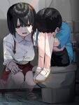  1boy 1girl black_hair blue_shirt crying funi_mu9 hanako-san_(toire_no_hanako-san) hand_on_another&#039;s_back highres indoors shirt skirt squatting suspender_skirt suspenders toilet toire_no_hanako-san transparent white_shirt 