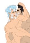  2boys aizenhower bara black_hair bleach blue_hair clenched_teeth closed_eyes completely_nude facial_hair grimmjow_jaegerjaquez implied_anal implied_sex kurosaki_isshin large_pectorals looking_at_another male_focus mature_male multiple_boys muscular muscular_male nipples nude open_mouth pectorals short_hair simple_background teeth white_background yaoi 