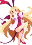  1girl blonde_hair disgaea flonne hair_ribbon harada_takehito leg_up leotard long_hair non-web_source open_mouth pointy_ears red_eyes ribbon skinny tagme tail very_long_hair 