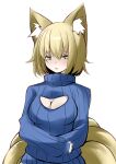  1girl animal_ear_fluff animal_ears blonde_hair blue_sweater bob_cut breasts cleavage cleavage_cutout clothing_cutout fox_ears fox_girl fox_tail hair_between_eyes highres kitsune long_sleeves medium_breasts multiple_tails open_mouth ribbed_sweater short_hair simple_background solo sunaguma sweater tail touhou turtleneck turtleneck_sweater upper_body white_background yakumo_ran yellow_eyes 