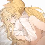  2girls animal_ears arknights bed_sheet blonde_hair blush grey_eyes hair_between_eyes highres horse_ears horse_girl long_hair long_sleeves multiple_girls nearl_(arknights) on_bed one_eye_closed quanx70909457 shirt simple_background viviana_(arknights) white_background white_shirt yuri 