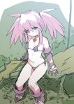  1girl bikini blue_eyes boots branch breasts closed_mouth forest gloves grey_gloves jewelry looking_at_viewer micro_bikini nature pink_hair presea_combatir sad small_breasts solo stroma swimsuit tales_of_(series) tales_of_symphonia twintails 