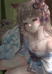  1girl animal_ears bare_shoulders bath_yukata blurry blurry_background braid breasts breasts_apart brown_hair collarbone criss-cross_halter dress eyeshadow french_braid granblue_fantasy green_eyes hair_ornament half-closed_eyes halterneck hand_up highres japanese_clothes kimono long_hair looking_at_viewer makeup mifuta orange_eyes parted_lips pholia pholia_(yukata) short_dress sitting sleeveless sleeveless_dress small_breasts smile solo tatami thick_eyebrows very_long_hair white_dress white_kimono yukata 