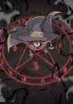  1girl absurdres bags_under_eyes brown_hair bug cloak crack cracked_floor hands_on_floor hat highres hongga magic_circle original pentagram smoke solo spider summoning wide-eyed witch witch_hat 