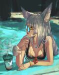  1girl animal_ear_fluff black_one-piece_swimsuit bracelet breasts cleavage closed_mouth commentary_request cup daible drinking_straw facial_mark grey_hair hand_up highres jewelry lipstick long_hair looking_at_viewer makeup medium_breasts nia_(xenoblade) one-piece_swimsuit over-rim_eyewear partially_submerged pool profile red_lips semi-rimless_eyewear solo straight_hair sunglasses swimsuit very_long_hair water xenoblade_chronicles_(series) xenoblade_chronicles_1 yellow_eyes 