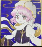  1girl blue_background closed_mouth commentary_request highres juliet_sleeves lapel_pin letty_whiterock long_sleeves looking_at_viewer puffy_sleeves purple_eyes purple_hair scarf short_hair smile solo touhou traditional_media umebitan upper_body white_headwear white_scarf 