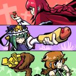  3girls arrow_(symbol) braid brown_hair capelet circlet cross dress flower food french_fries fruit green_dress green_hair hair_ornament hat highres holding holding_food hot_dog juliet_sleeves long_hair long_sleeves low_twintails monkey_tail multiple_girls okazaki_yumemi one_eye_closed oysterfried prehensile_tail puffy_long_sleeves puffy_sleeves red_hair ribbon shiki_eiki shirt short_hair single-shoulder_dress skirt sleeveless sleeveless_shirt smile son_biten strawberry tail touhou touhou_(pc-98) twintails vest 